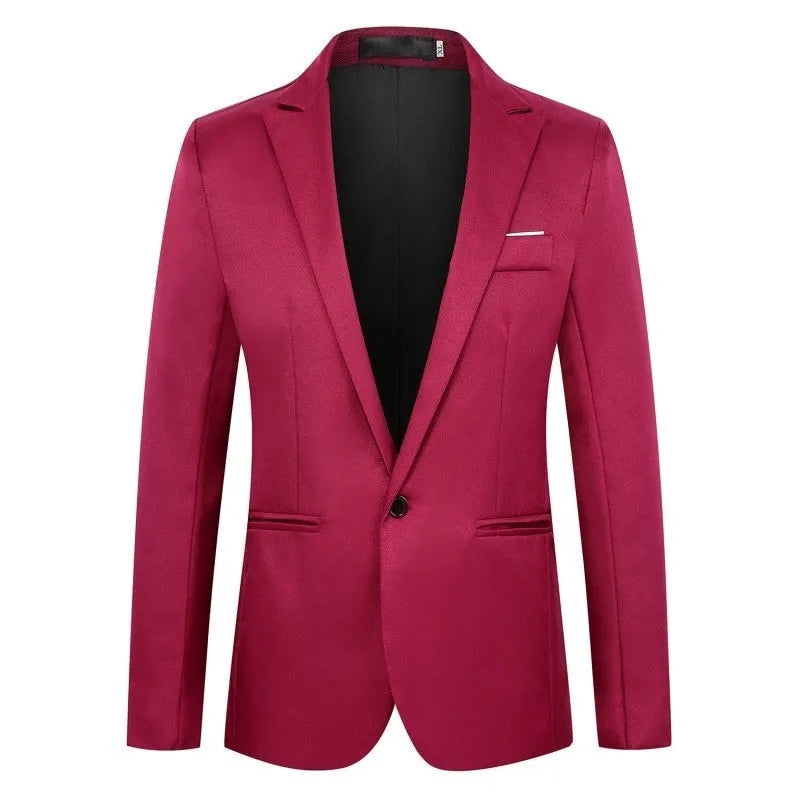 Men's loose-fit wedding suit jacket in acetate fibre, shown in multiple colours including black, grey, and wine red.