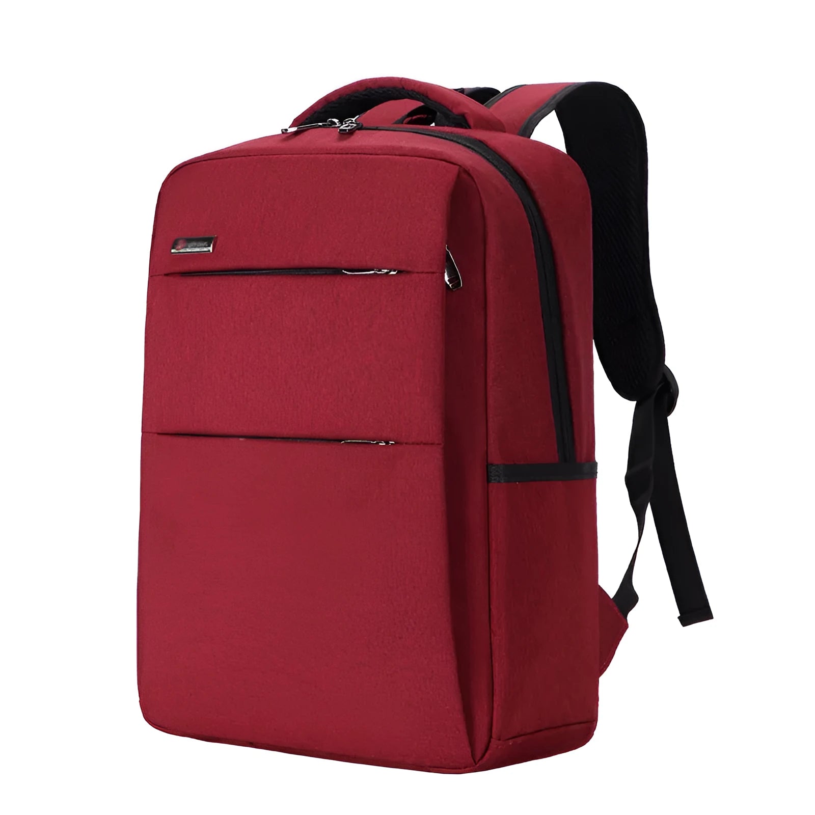 Black waterproof rechargeable backpack for a laptop, showing shoulder straps and a USB charging port.