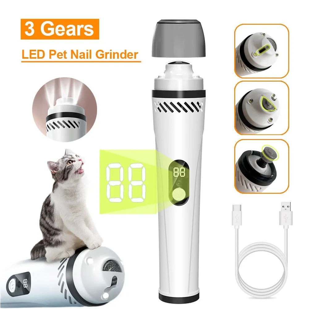 White electric dog nail trimmer with LED display showing speed settings and dust collection compartment