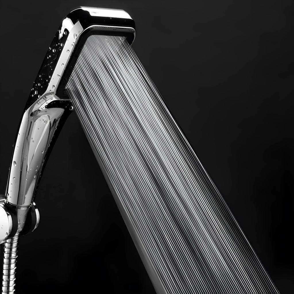Orange hand-held pressurised shower with rain function shower head