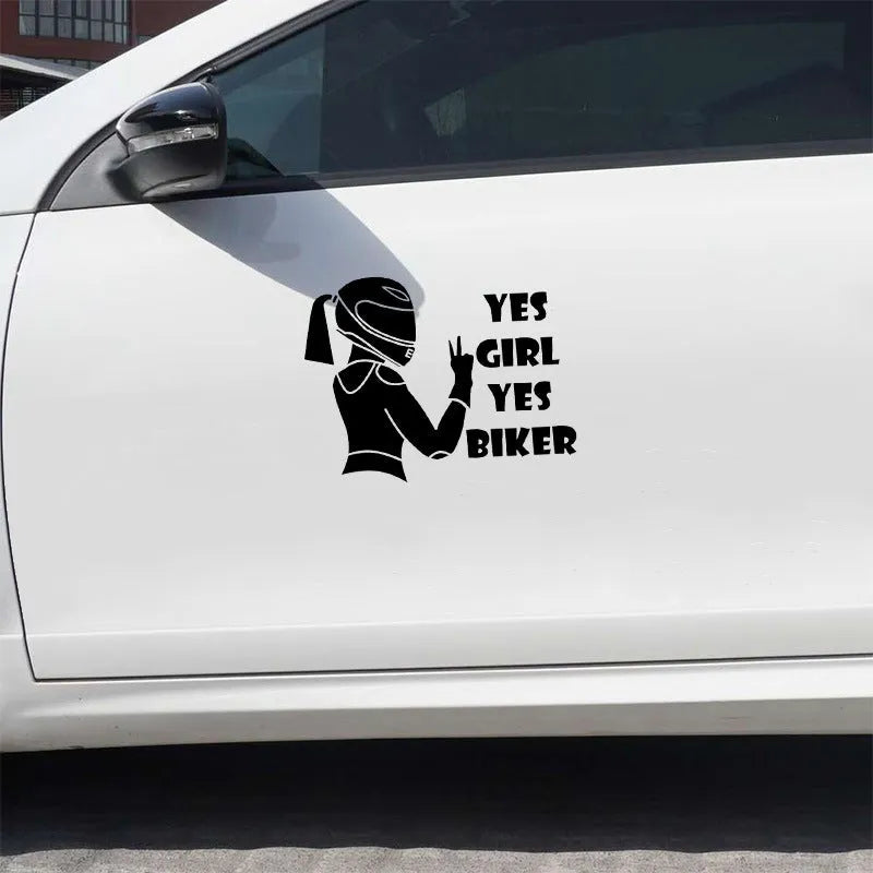 Cool Girl Rider character design car sticker in black, white, and laser colour options, 16cm by 15cm.