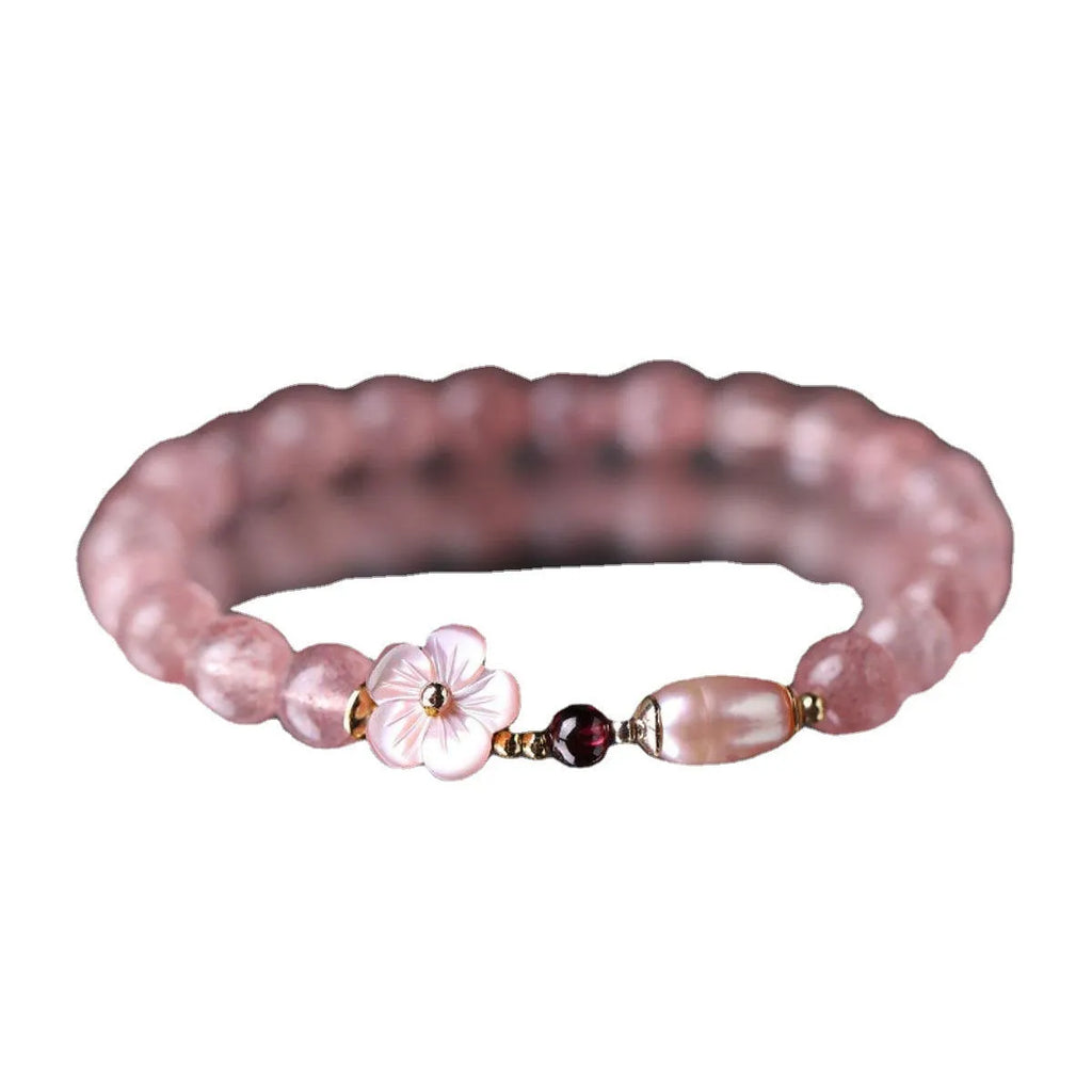 Pink strawberry quartz peach blossom crystal bracelet for women with floral charm design