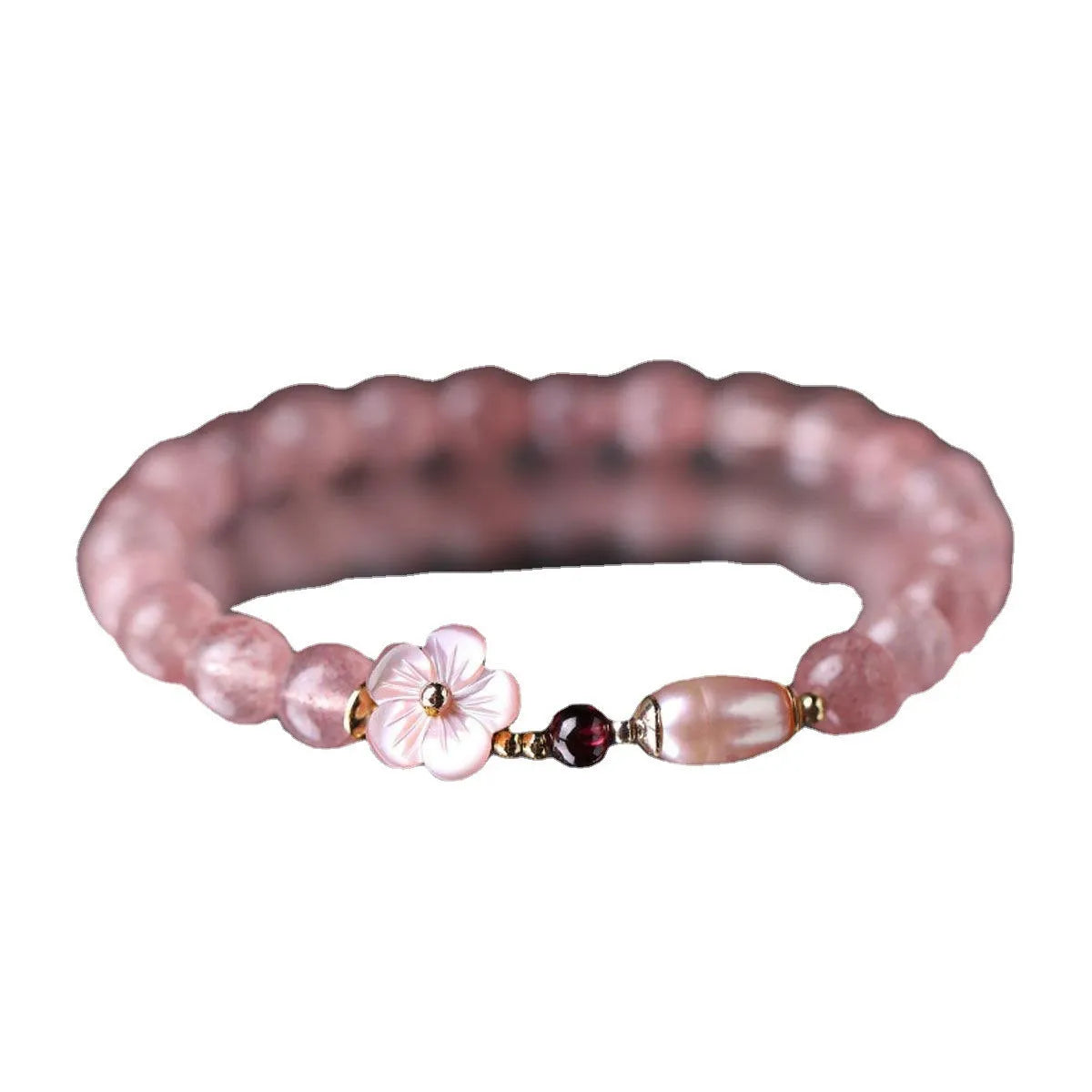 Pink strawberry quartz peach blossom crystal bracelet for women with floral charm design
