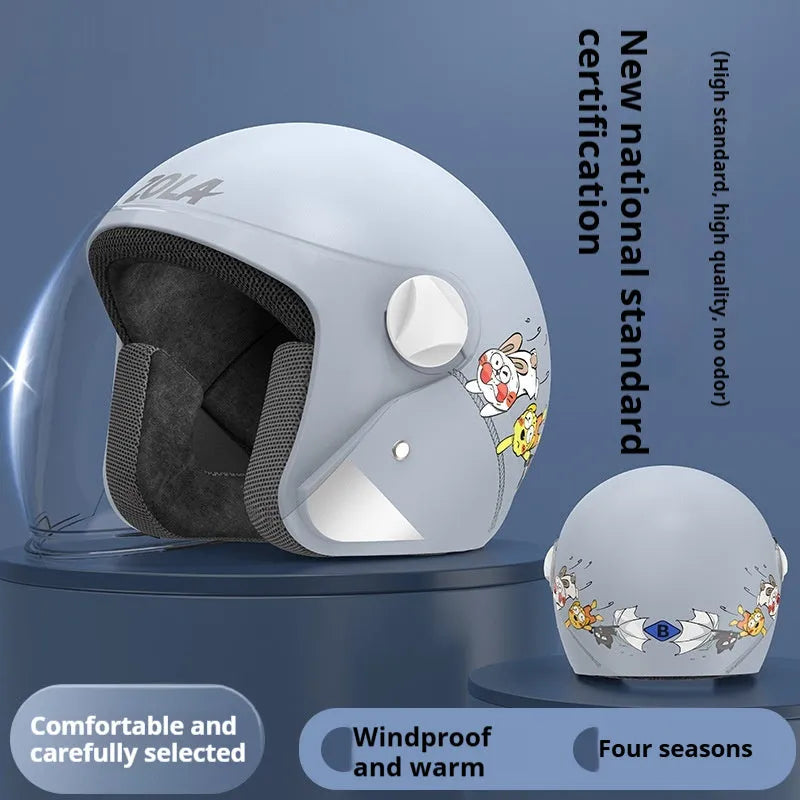 Winter electric bicycle helmet with removable scarf and anti-fog visor in blue colour