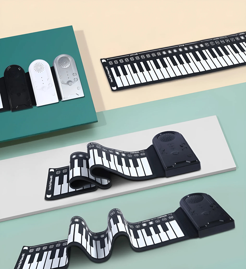 Gloss black portable folding electronic keyboard with 49 silicone keys, unfolded next to its compact folded size.