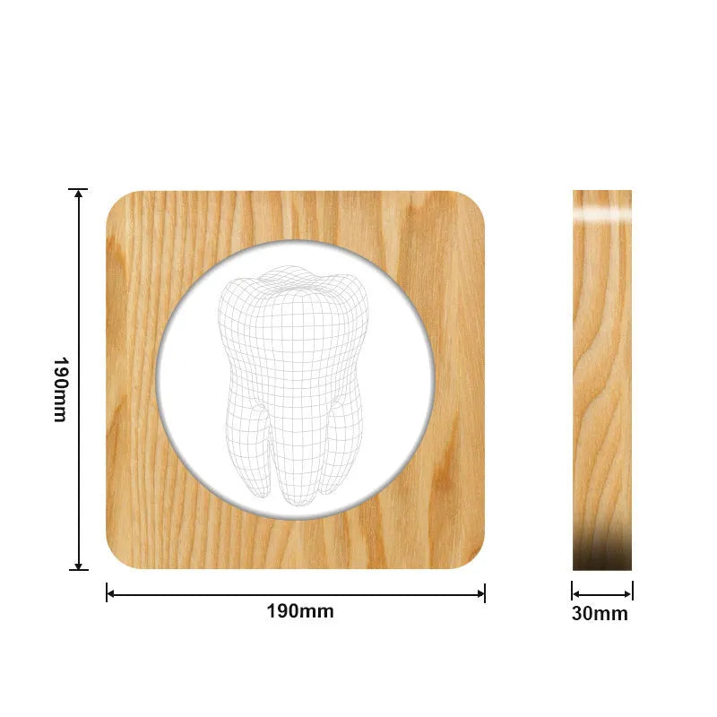 Tooth-shaped wood colour acrylic night light with USB cable, showing 190x190x30mm dimensions