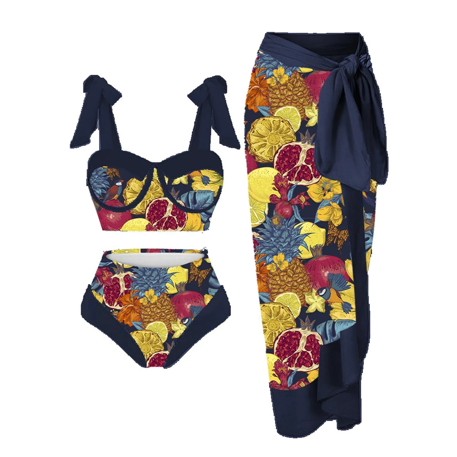 Women's printing split swimsuit three-piece set in a blue flower pattern, showing skirt, bra, and panties.