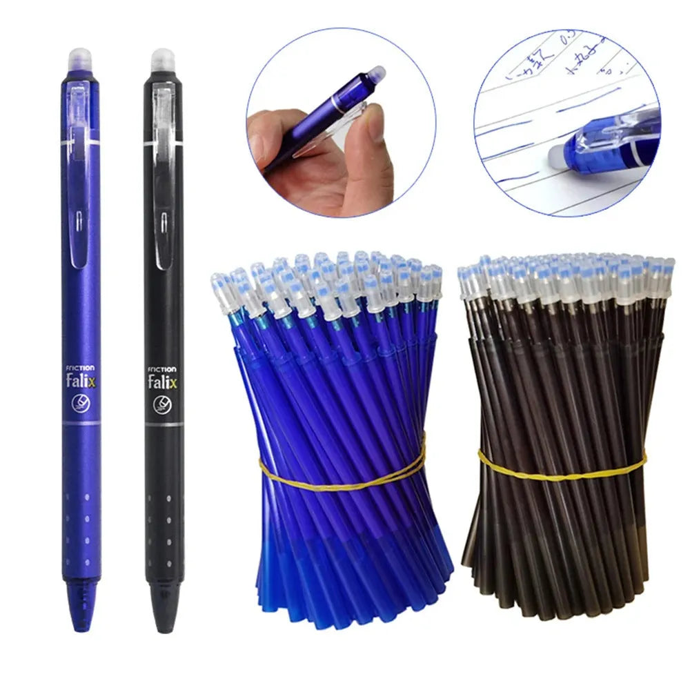 Hot erasable push gel pen with 0.5mm tip, plastic body, and push-button mechanism.