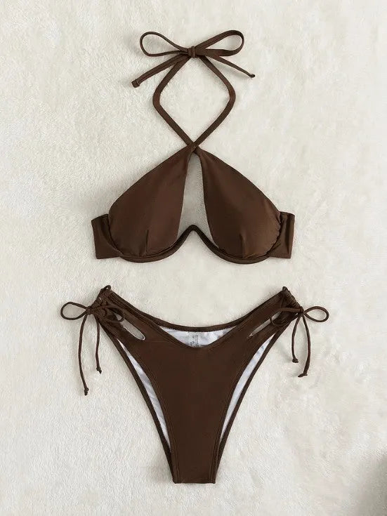 Women's halter-neck bikini swimsuit set in brown, blue, or black with matching briefs