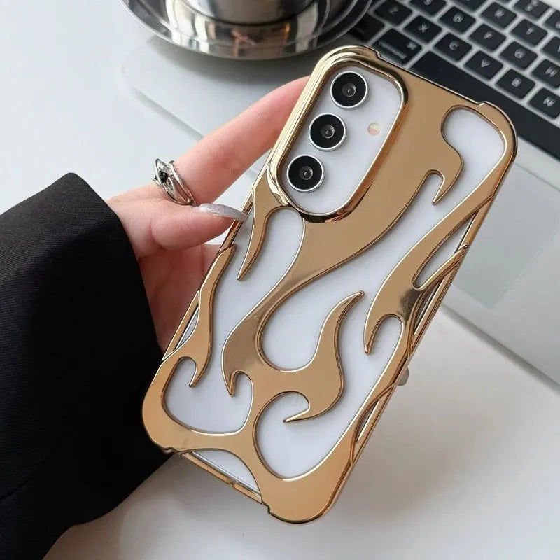 Samsung S24 hollow flame pattern drop-resistant TPU phone case in black electroplated finish