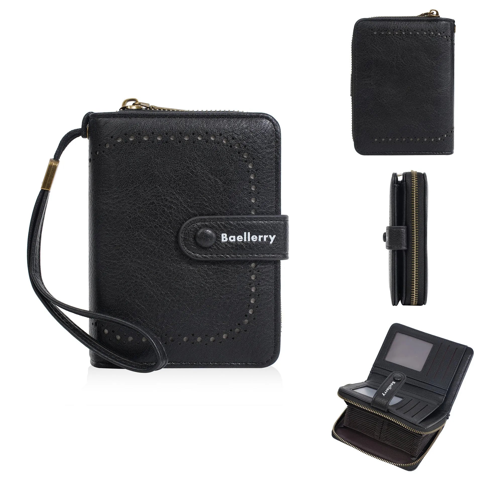Women's black PU leather zipper coin purse wallet with card slots open showing interior