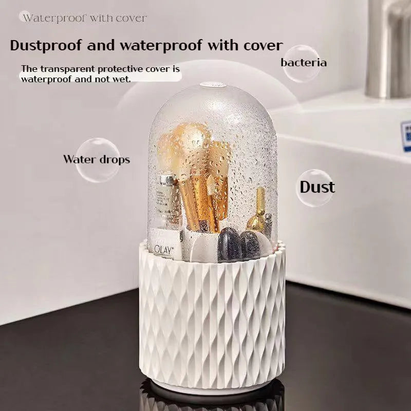 White acrylic rotating makeup brush storage box with transparent dust cover open