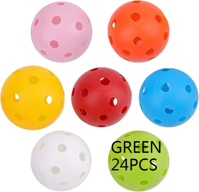 Six multi-colour 42mm golf practice balls including red, orange, blue, green, white, and yellow options