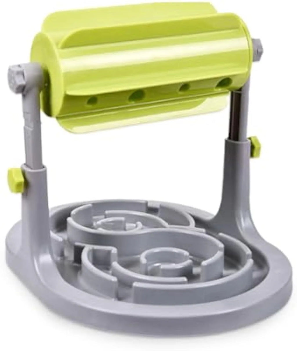 Blue interactive pet slow feeder bowl with adjustable height and puzzle design