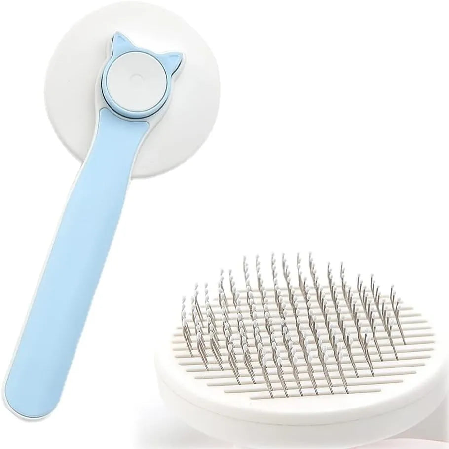 Blue self-cleaning cat brush with rubber handle and metal pins for pet grooming.