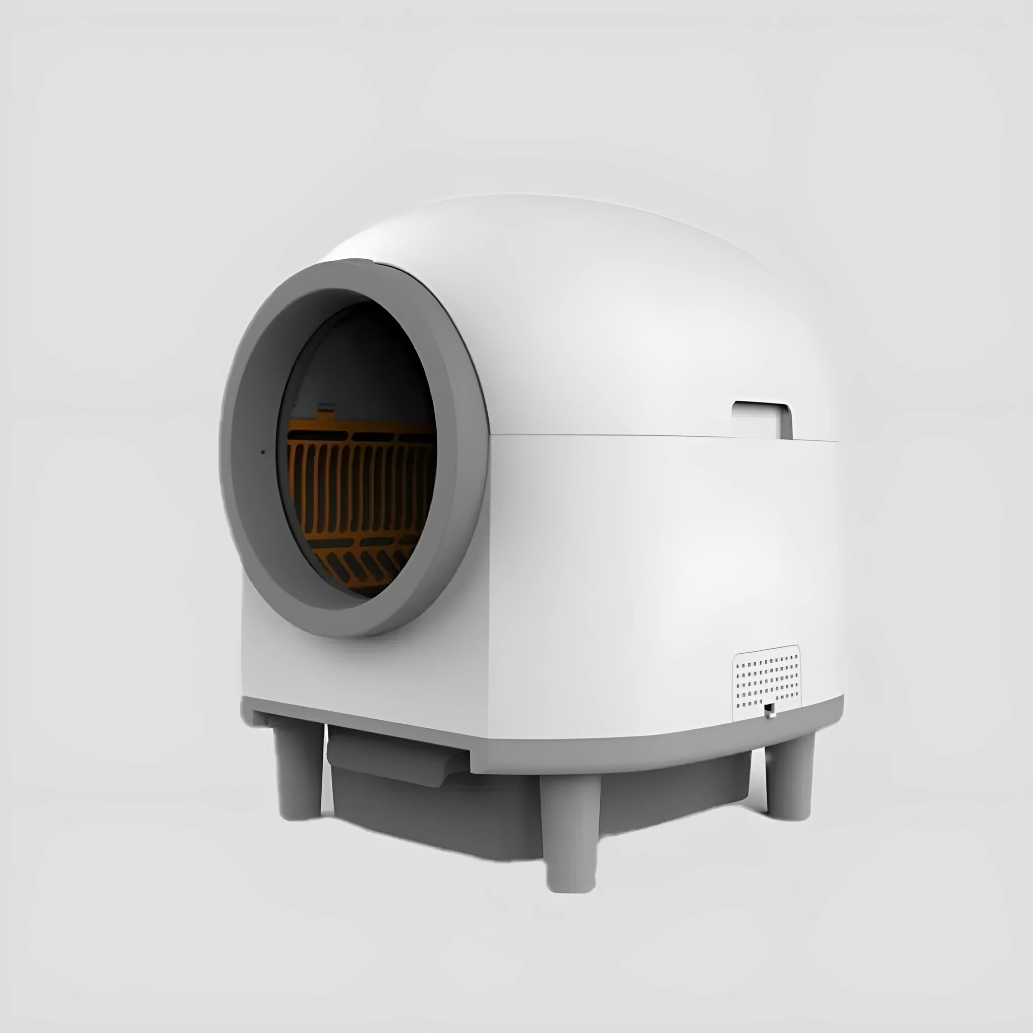 White automatic self-cleaning cat litter box with enclosed design measuring 556x512x590mm