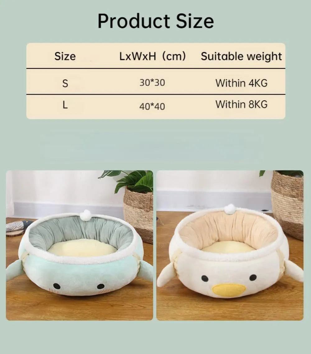 Green dinosaur and chick-shaped cat bed shown both flat as a sofa and hanging as a hammock for small pets.