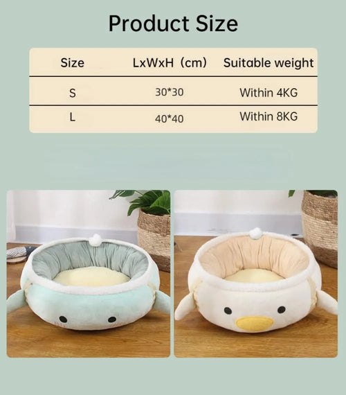 Green dinosaur and chick-shaped cat bed shown both flat as a sofa and hanging as a hammock for small pets.