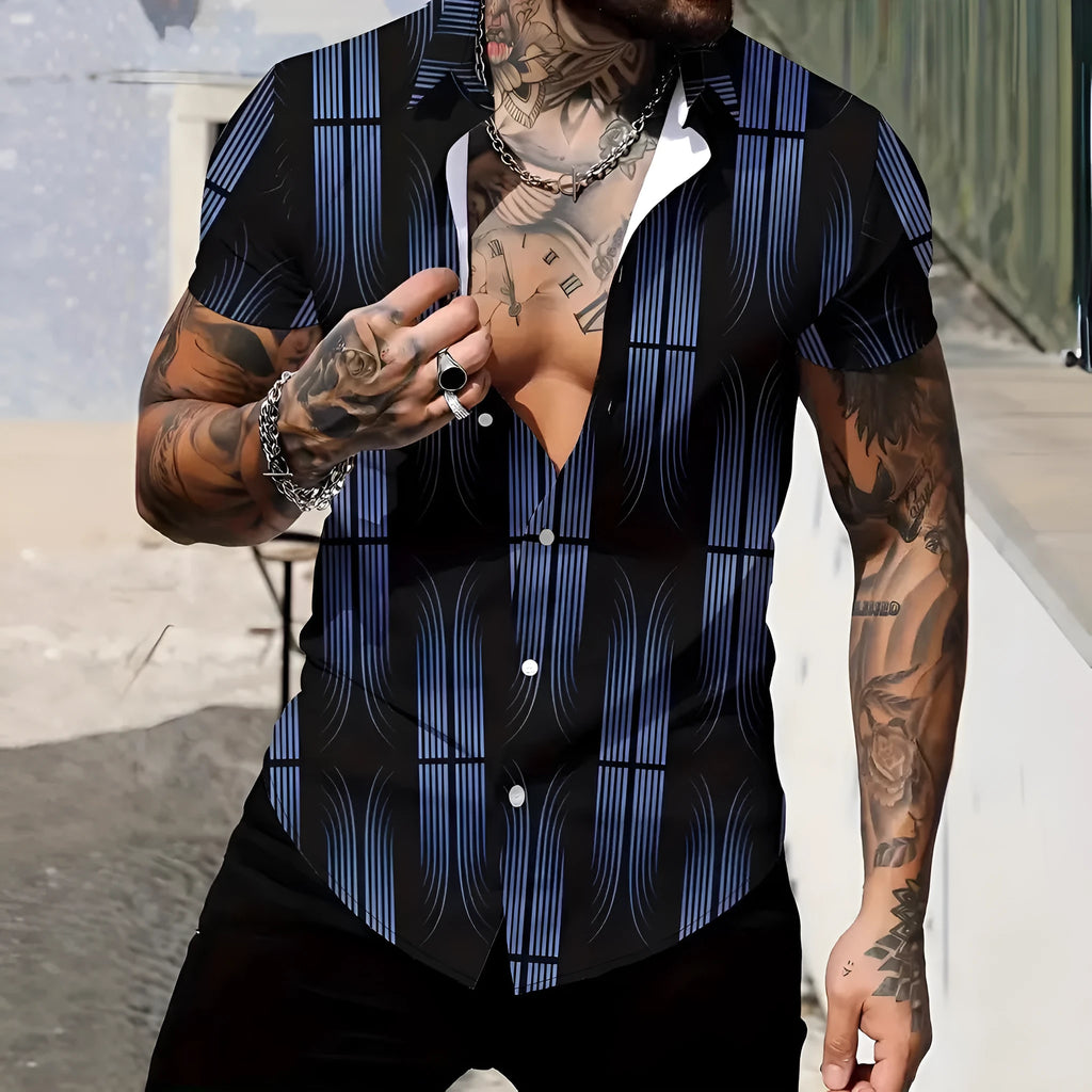 Men's geometric line print lapel short sleeve shirt in slim fit cardigan style