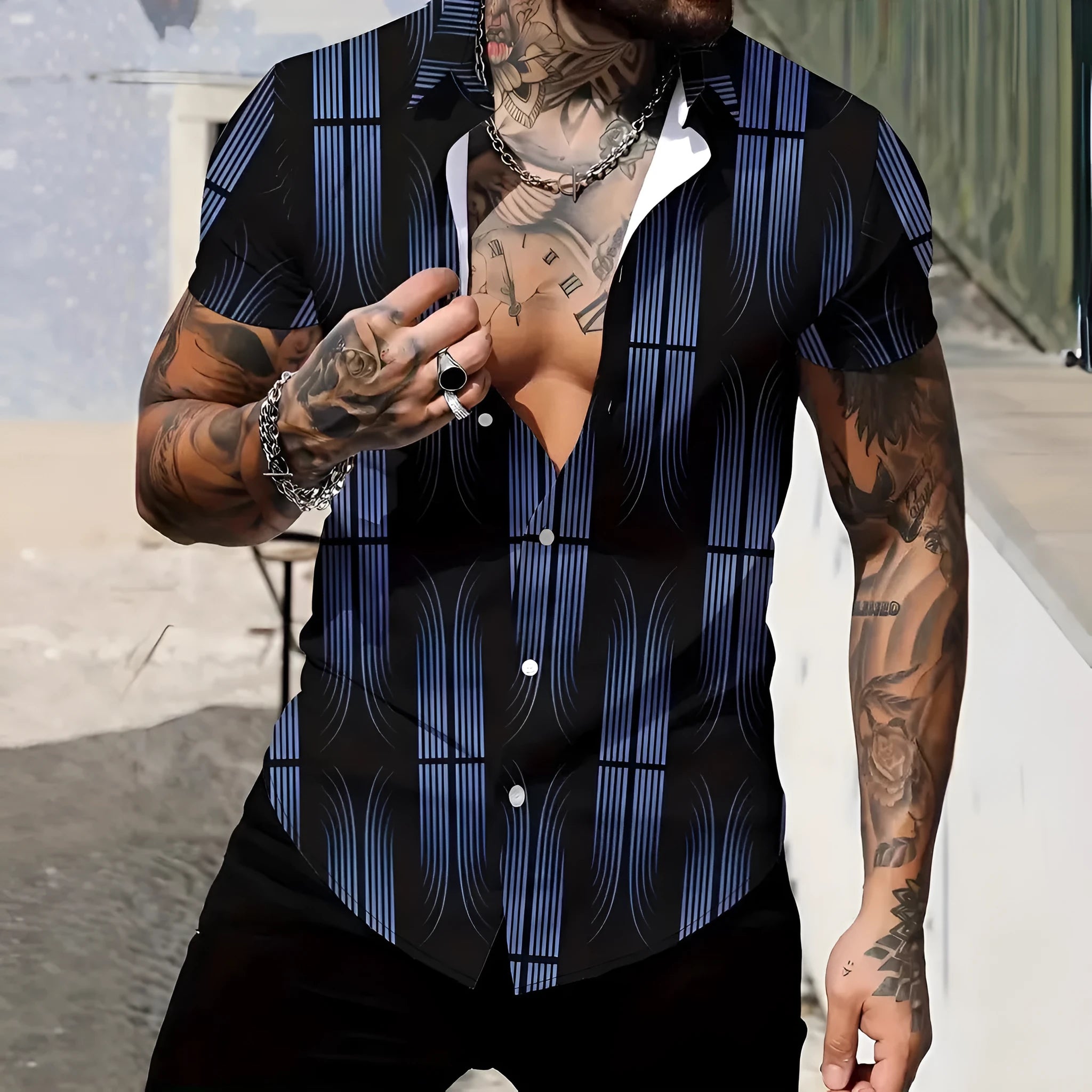 Men's geometric line print lapel short sleeve shirt in slim fit cardigan style