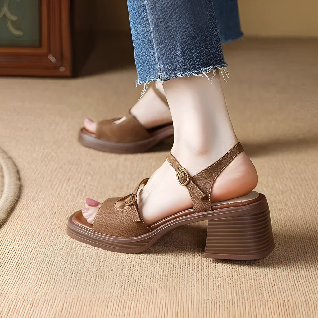 Women's retro platform sandals with square toe and open toe design in milky white colour