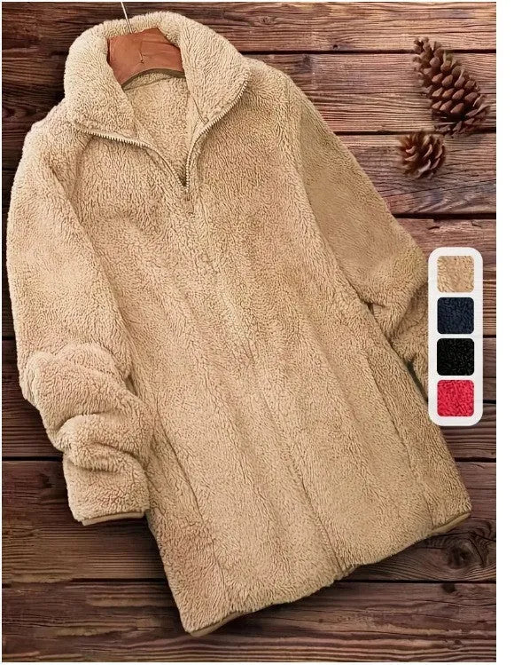 Double-sided fleece jacket in black, navy blue, or khaki colour on a hanger.