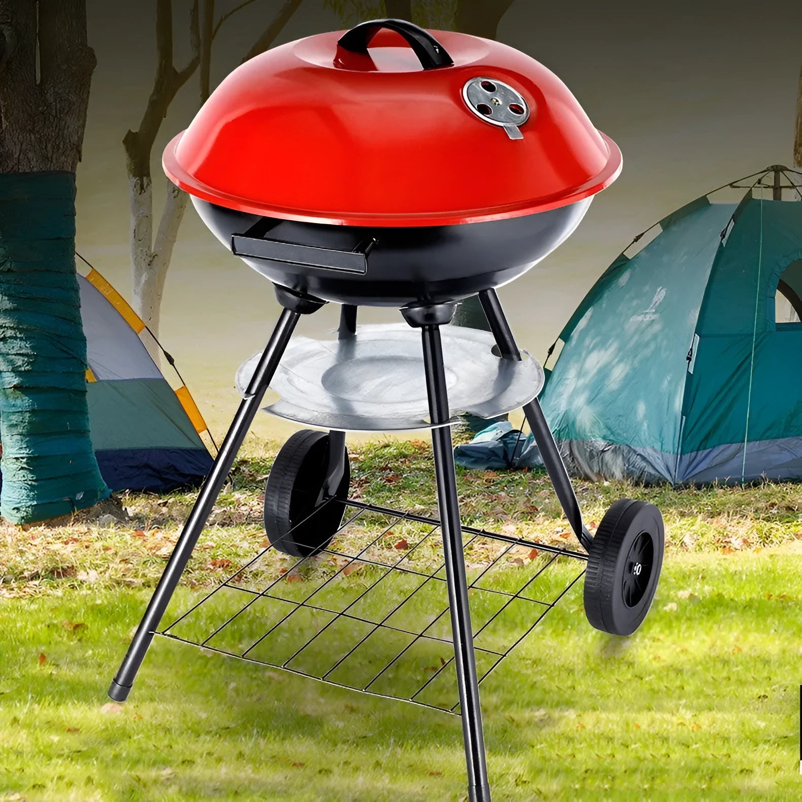 14-inch portable barbecue oven with iron apple stove design on grass