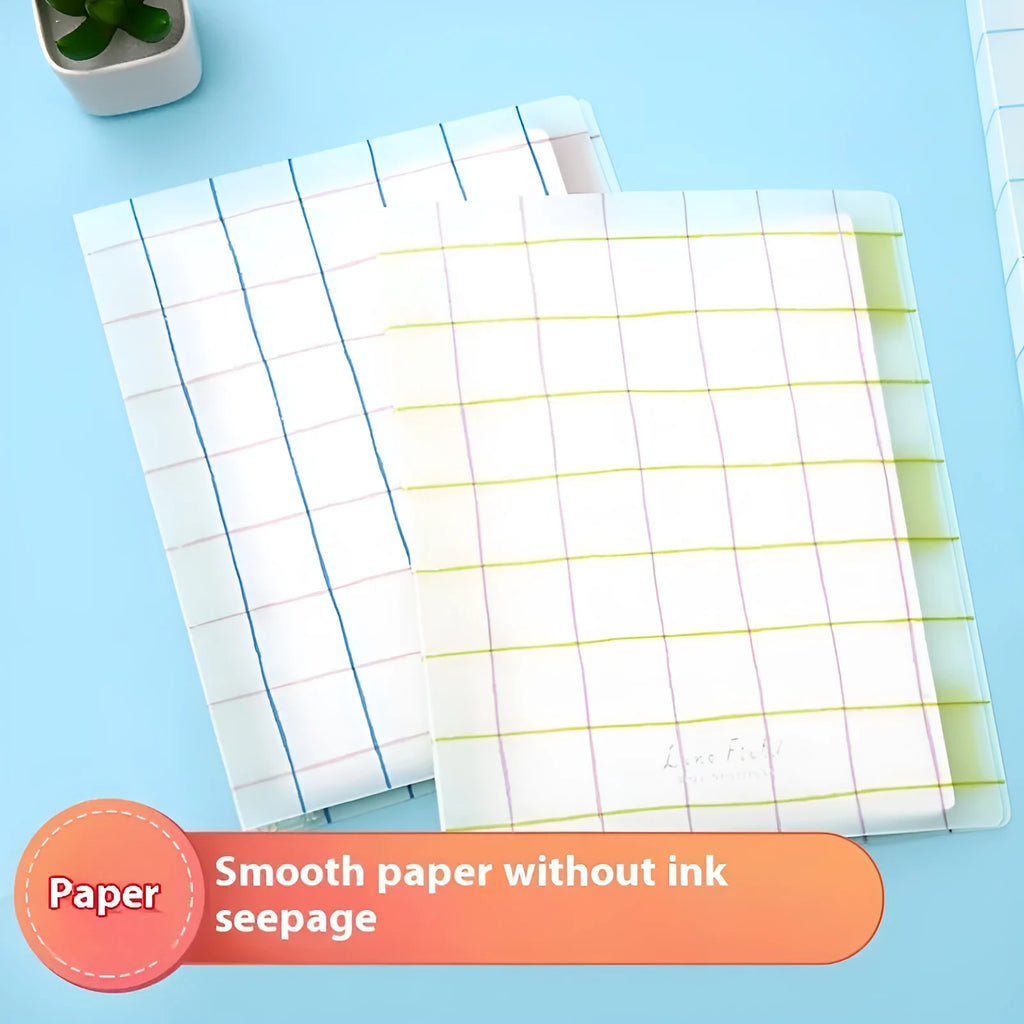 Refillable loose-leaf spiral notebook with PP cover open, showing raw wood pulp paper in grid ruling.