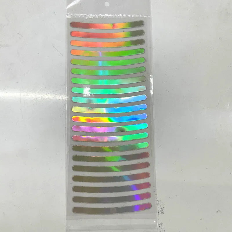 Pack of 20 arc-shaped reflective PVC stickers for car wheel hubs in multiple colours.