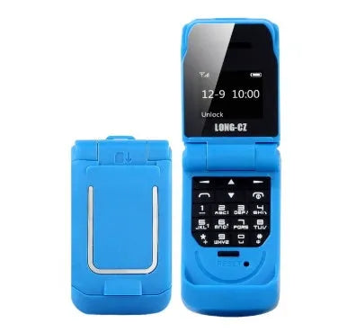 Mini flip phone in six colours with flip cover open showing small screen