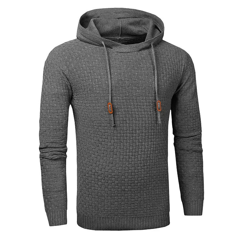 Men's cotton-polyester hoodie on a hanger, available in colours like black, navy blue, red, and khaki.