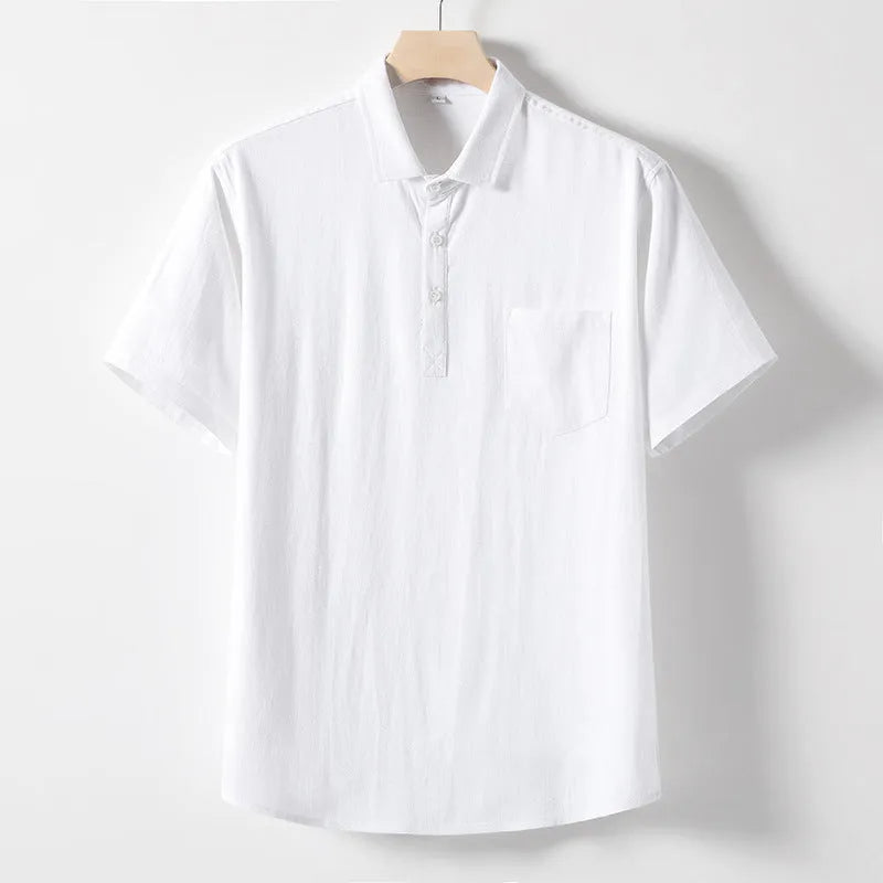 Men's loose-fitting linen-blend lapel t-shirt in black, shown on a model, highlighting the open collar and short sleeves.