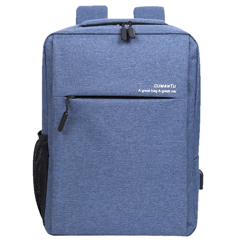 Black waterproof rechargeable backpack for a laptop, showing shoulder straps and a USB charging port.