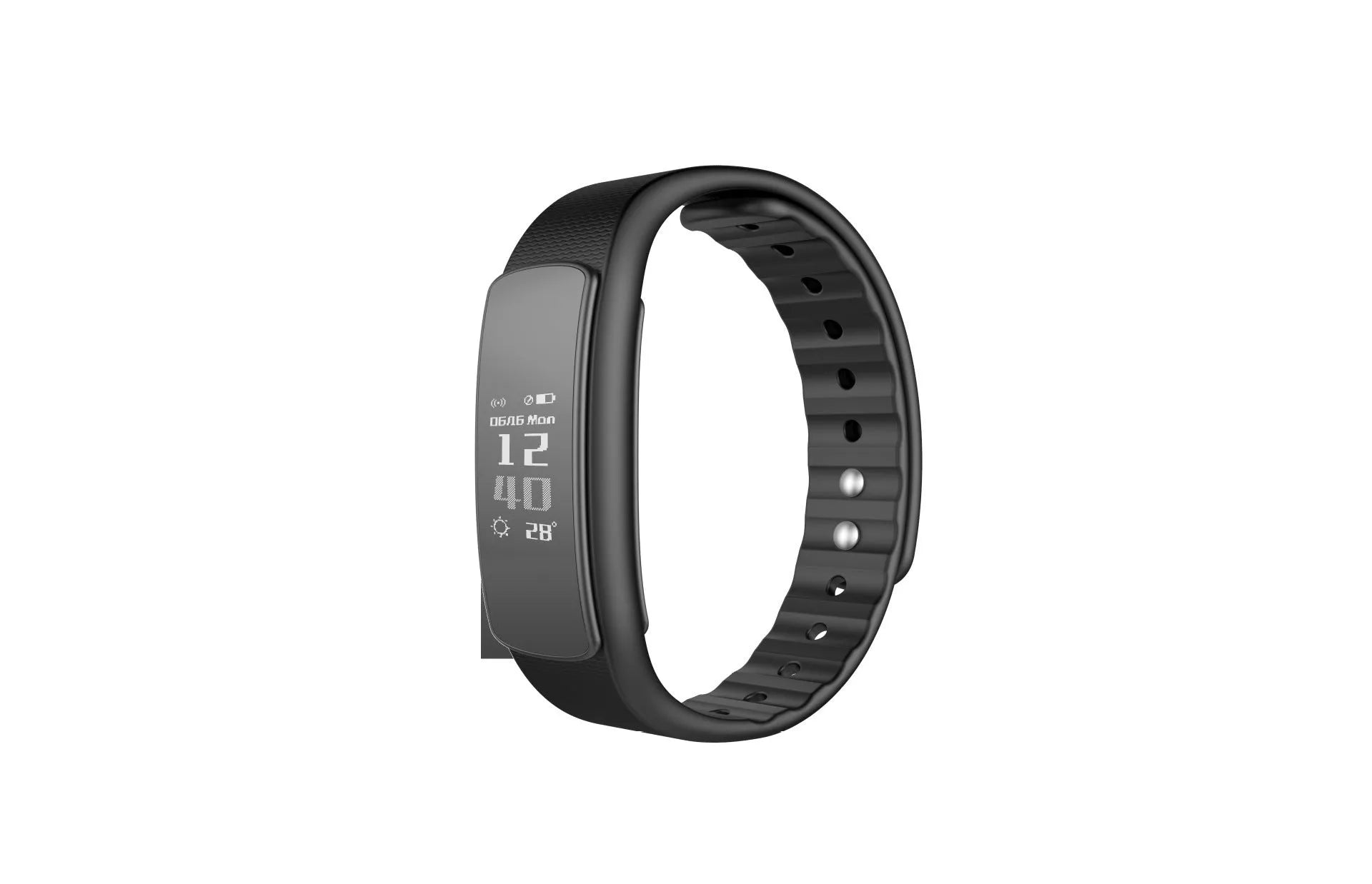 I6 smart sports bracelet with black TPU wristband and 0.96 inch touchscreen displaying health data.