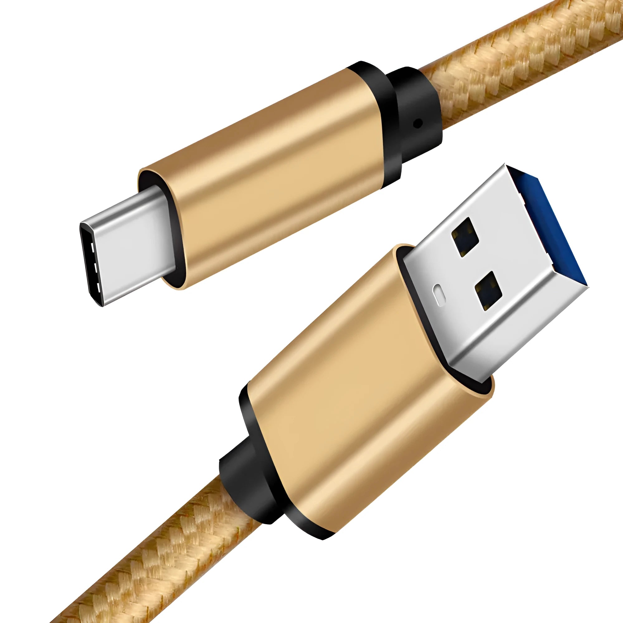 Gold USB Type-C to USB 3.0 braided charging cable with metal plugs on a white background.