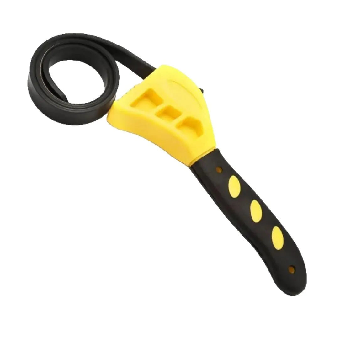 Two adjustable rubber strap wrenches, a 6-inch and an 8-inch model, for gripping oil filters and plumbing fixtures.