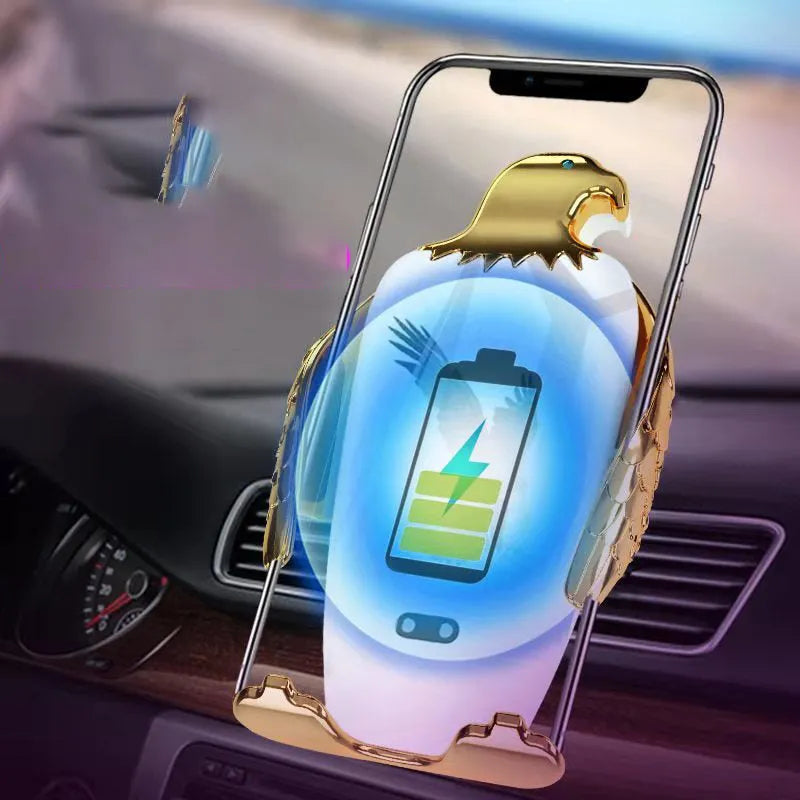 Black and gold wireless charging car phone holder with eagle design and suction cup mount