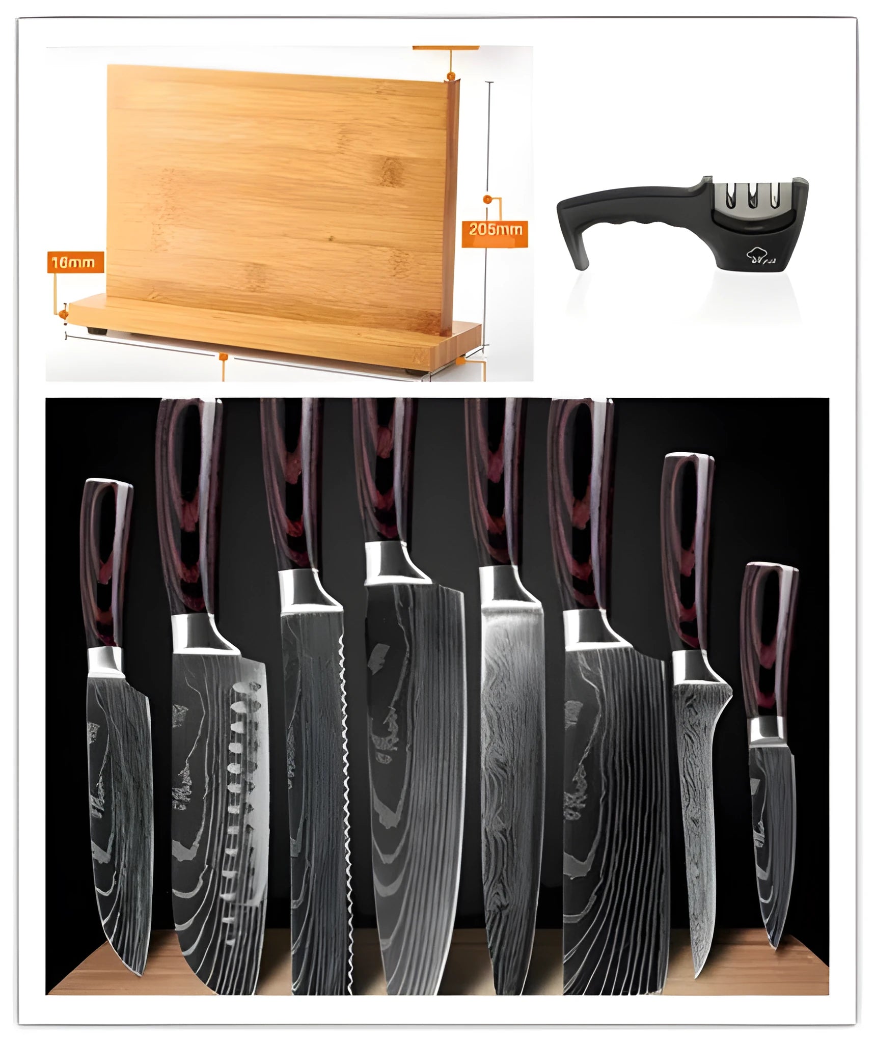 Set of professional kitchen knives including chef's knife, meat cutter, bread knife, and paring knife on a wooden surface