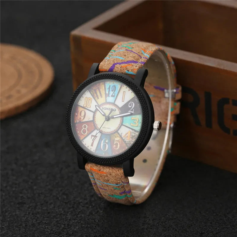 Vintage style leather strap women's quartz watch with 37mm round dial and stainless steel buckle