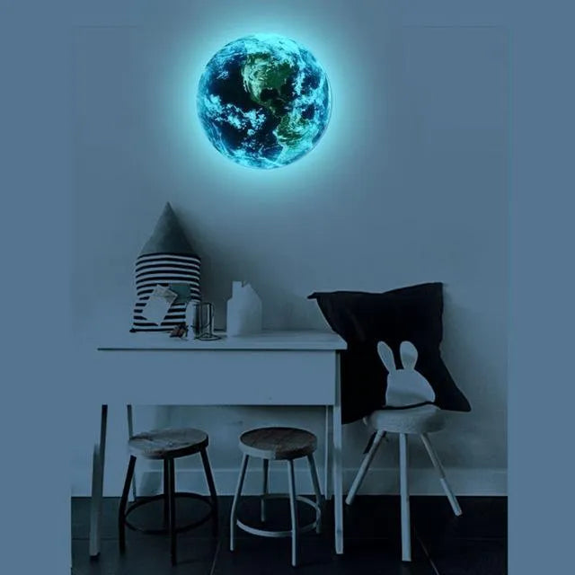 Glow in the dark 3D Earth planet wall sticker in luminous PVC material on a dark background.