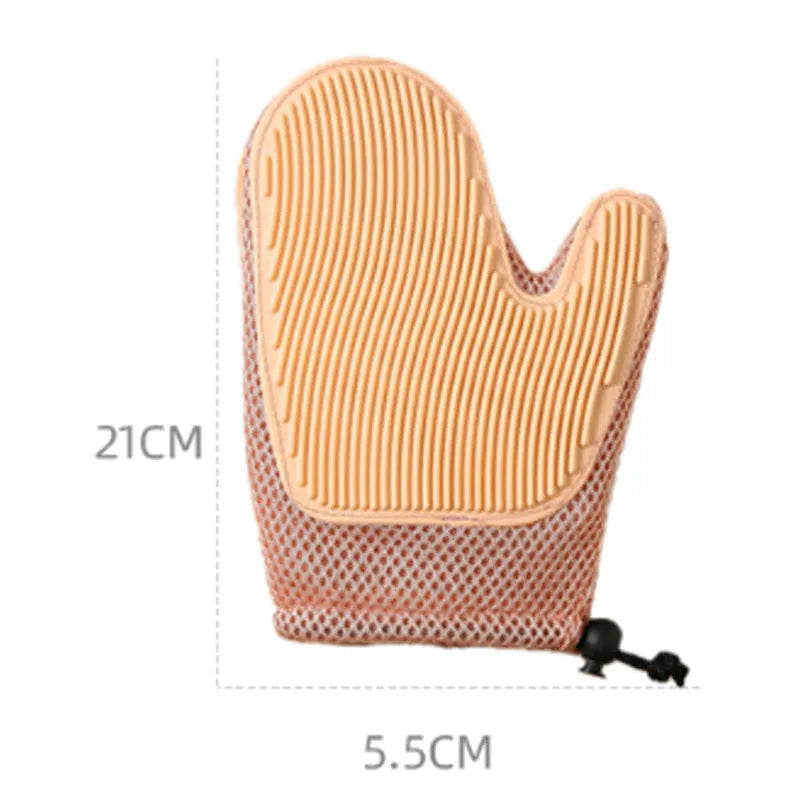 Dark blue mesh and TPR pet grooming glove for removing dog and cat hair from fur and fabrics.