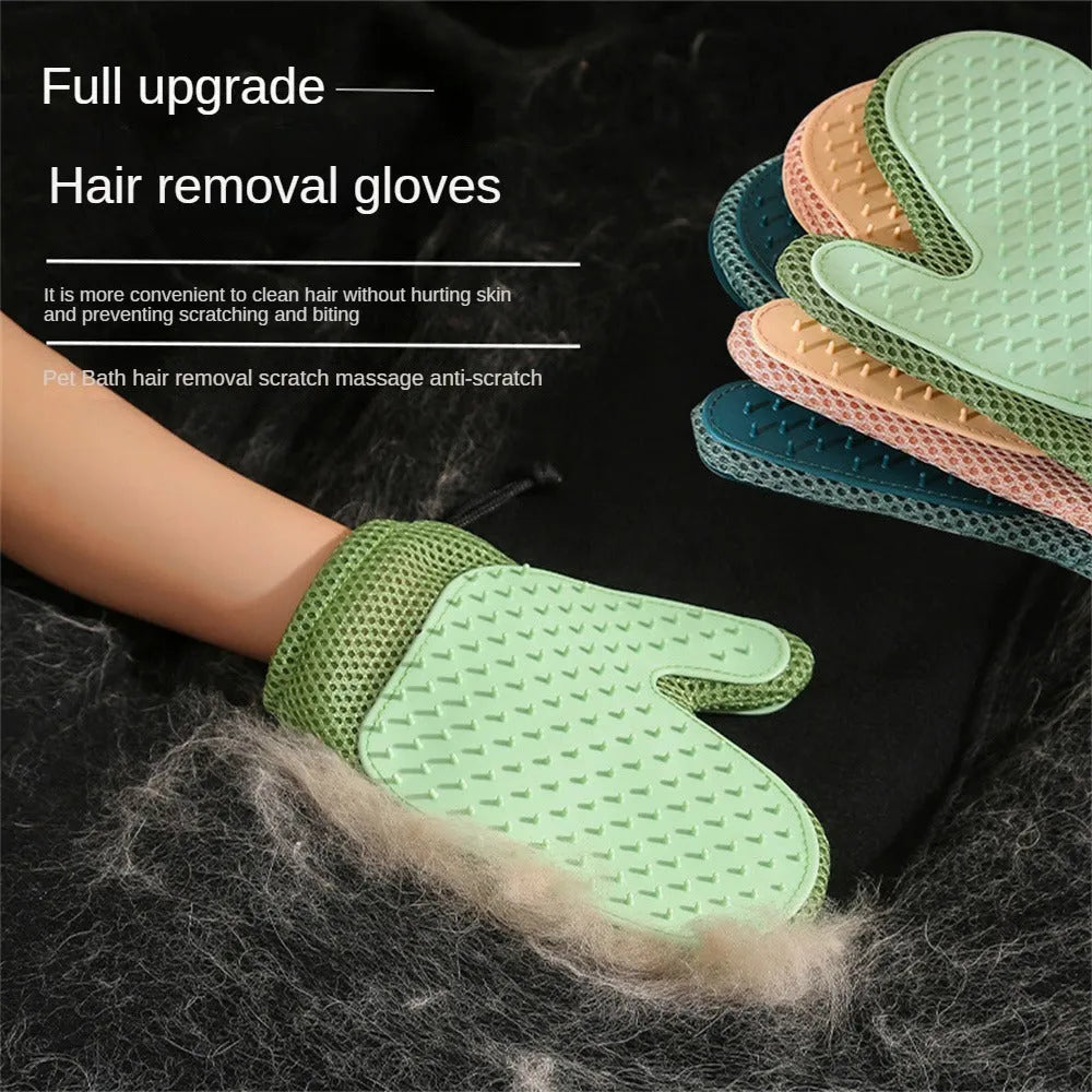 Dark blue mesh and TPR pet grooming glove for removing dog and cat hair from fur and fabrics.