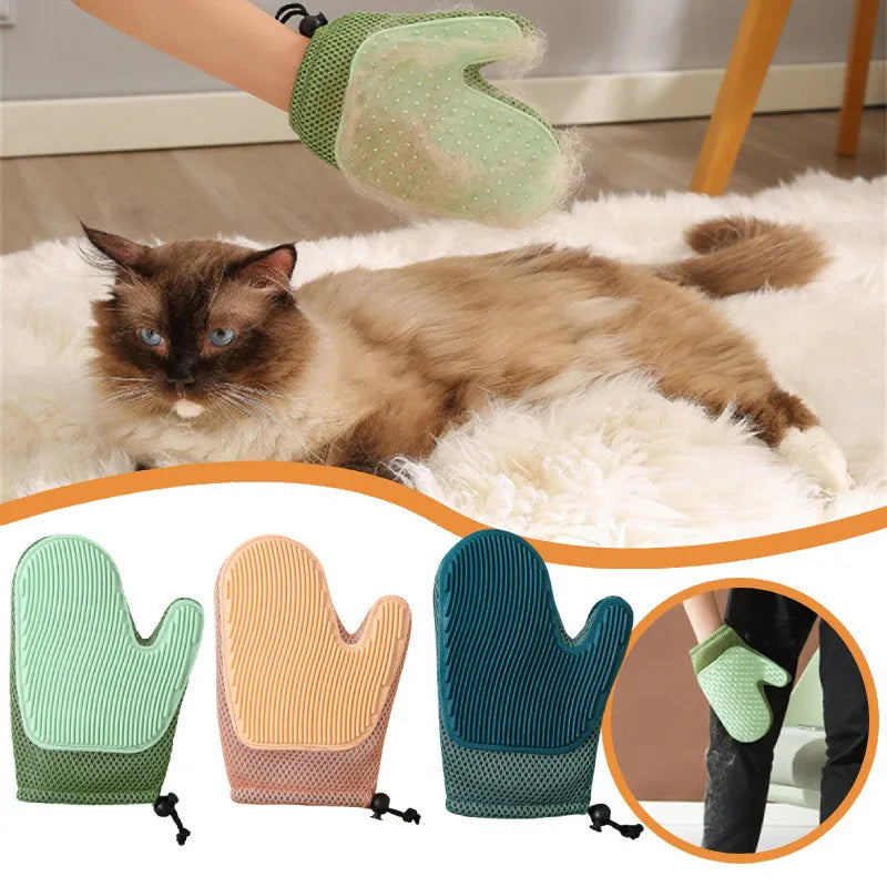 Dark blue mesh and TPR pet grooming glove for removing dog and cat hair from fur and fabrics.