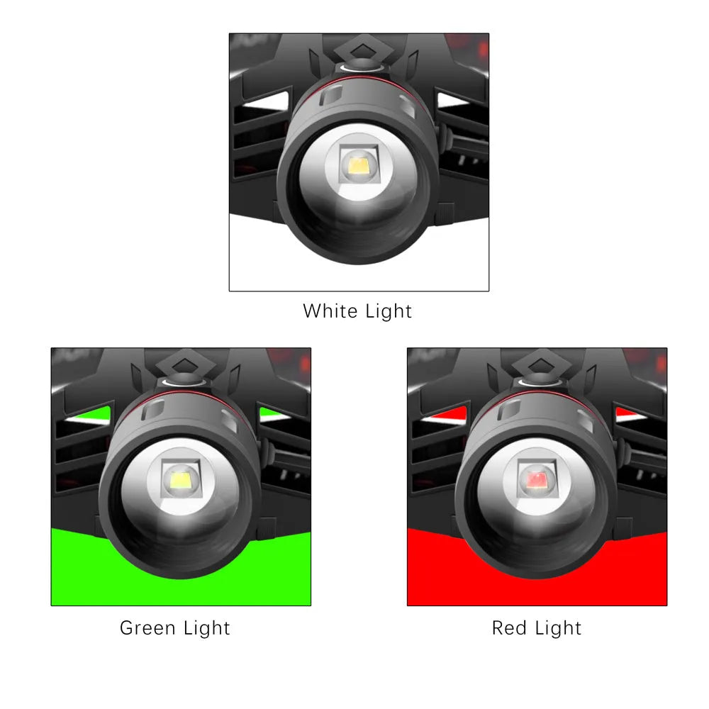 T6 LED headlamp showing white, red and green light modes with zoomable beam adjustment