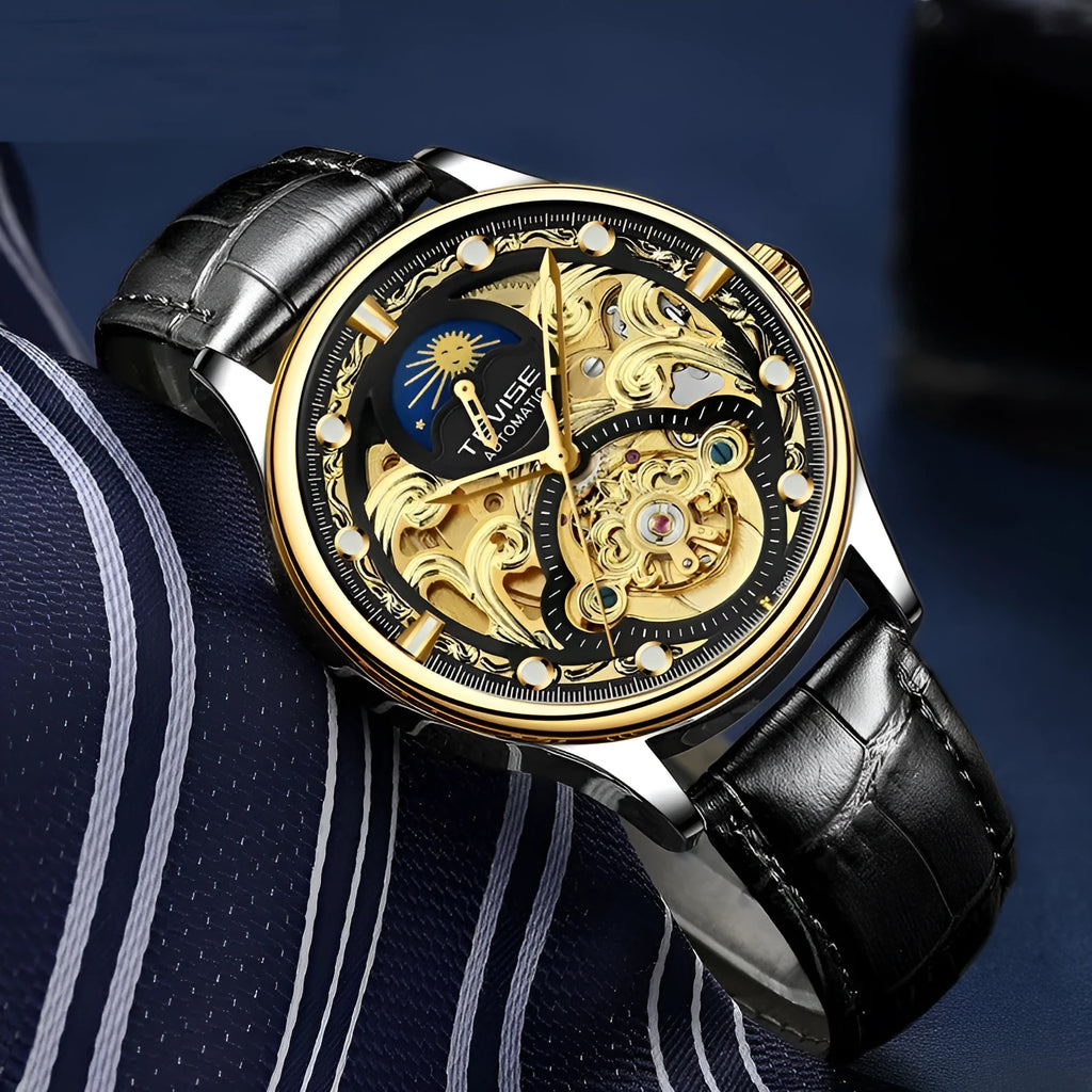 Men's gold leather strap automatic mechanical watch with business design and waterproof case