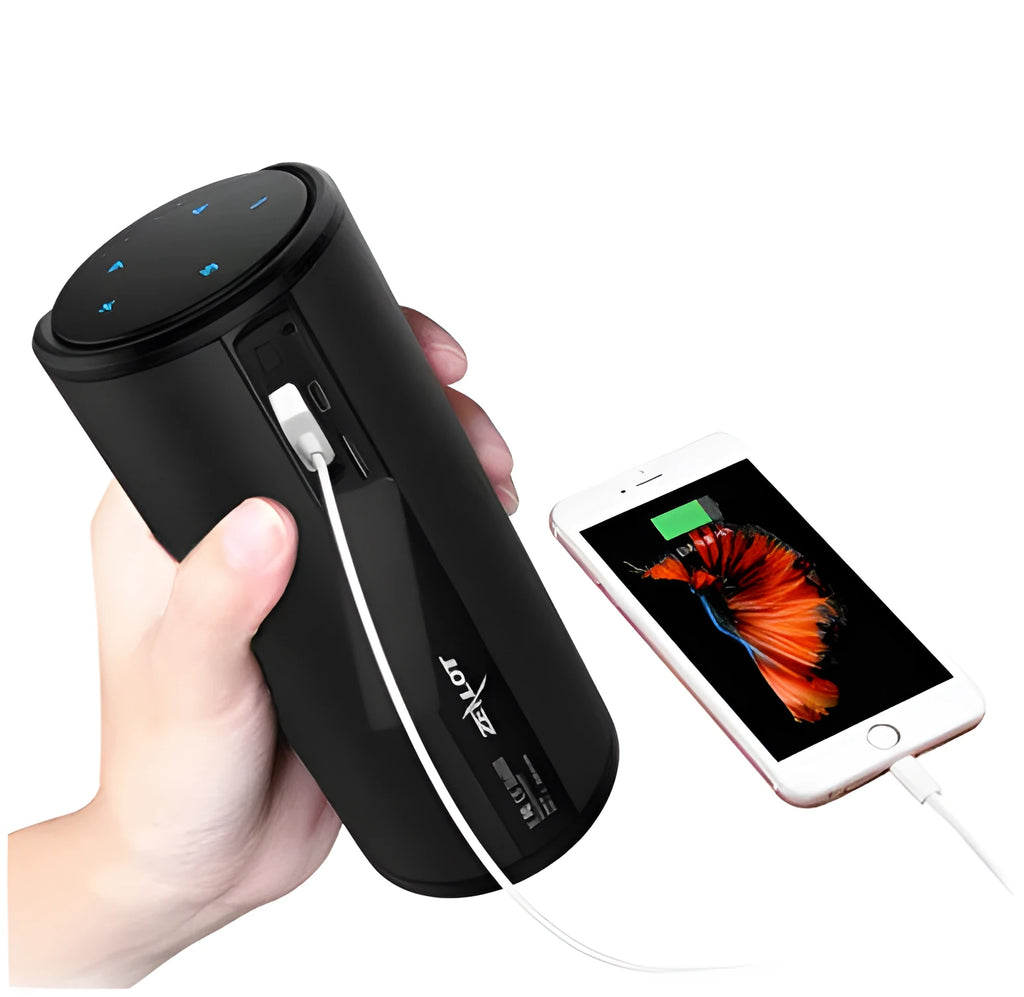 Compact wireless Bluetooth speaker in black, blue, or red with 4000mAh battery and noise reduction technology