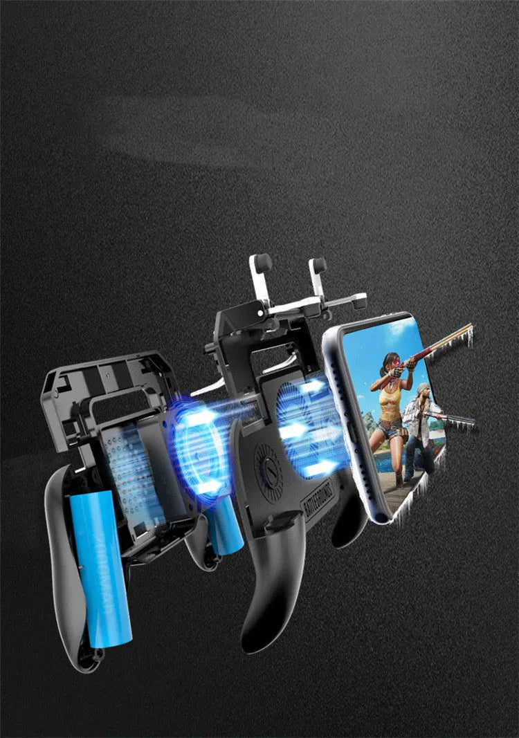 Black USB mobile game controller for smartphones with aluminium alloy accents on a grey background.