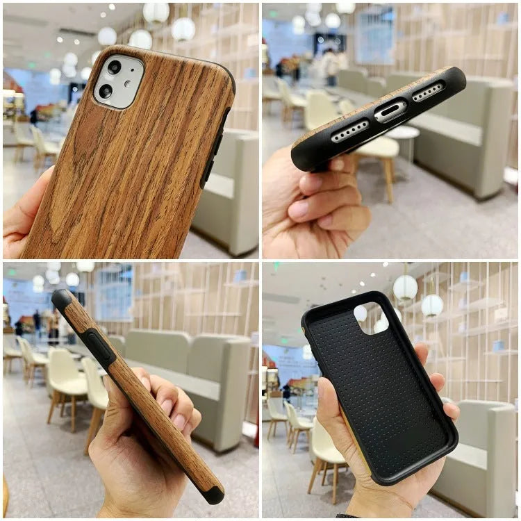 Natural wood grain iPhone back cover case in rosewood finish next to an iPhone