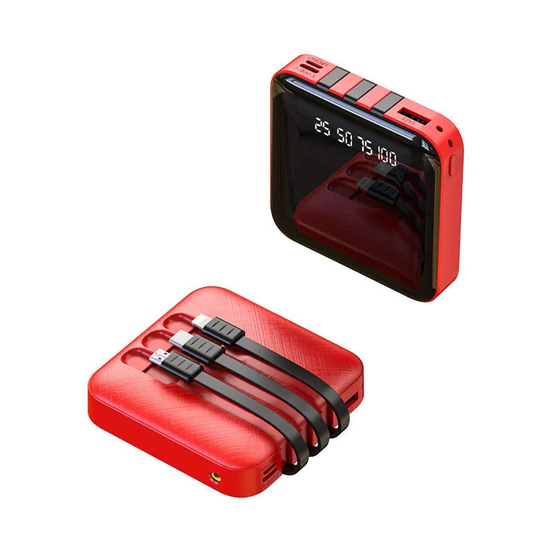 Black or red power bank with built-in charging cable showing compact 80mm square design