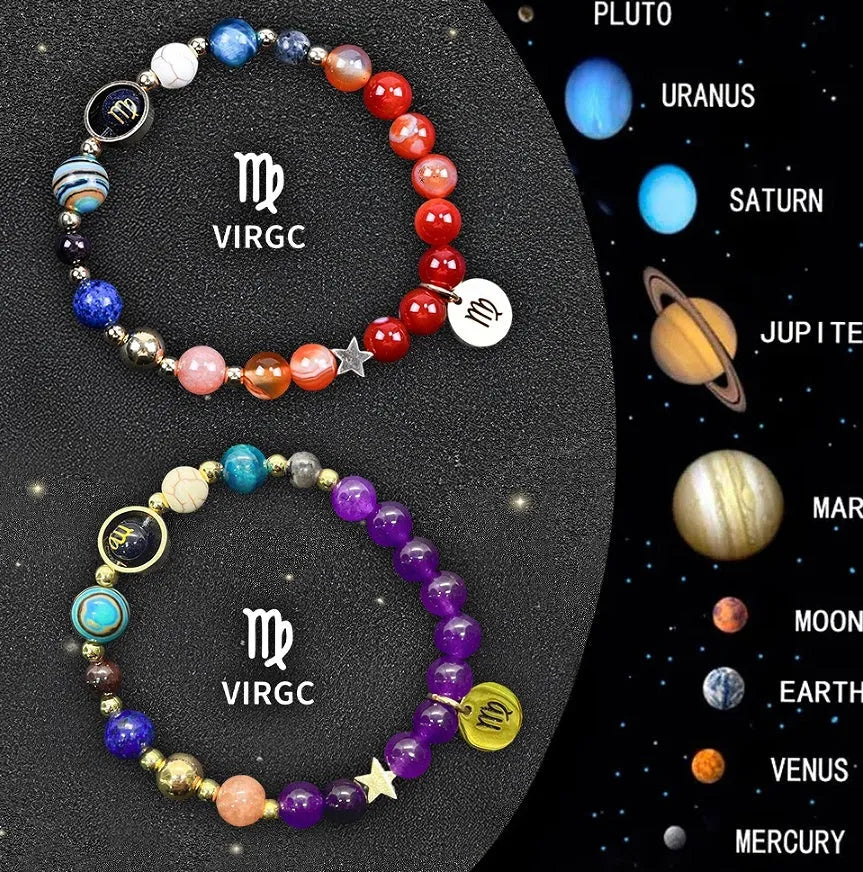 Twelve individual zodiac sign bracelets with natural stone beads and constellation charms on adjustable cords